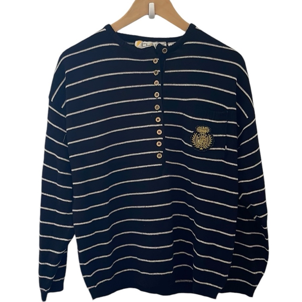 Vintage Chaus navy and white striped sweater with nautical emblem patch